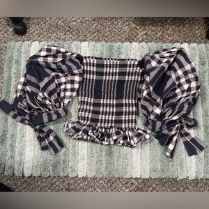 Caroline Constas Plaid Puff Sleeve Top